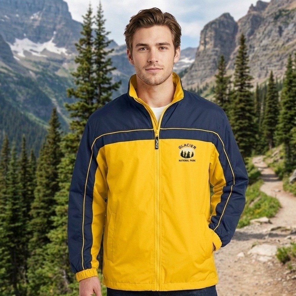 PCI by Kenpo Windbreaker Rain Jacket Mens M Yellow Black Glacier Park Colorblock